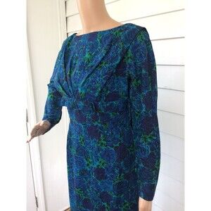 60s Blue Watteau Back Floral Dress Richard Cole Vintage S XS